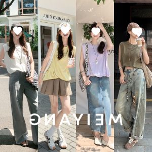 MEIYANG Wave Flower Vest Tencel Cotton _Row Style Simple Round Neck Sleeveless Flower Bud Top - Tuesday