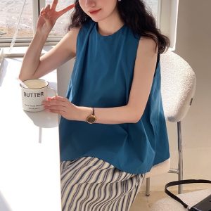 Ramesse | Island Town Peacock Blue Simple Crew Neck Solid Color Tank Top Summer Sleeveless Top