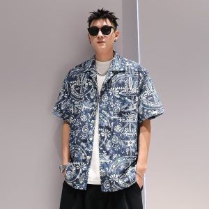 Vintage Cuban Collar Men's Shirt Men's and Women's Loose Hong Kong Flavor American Retro Couple Thai Hong Kong Style Short Sleeve Shirt