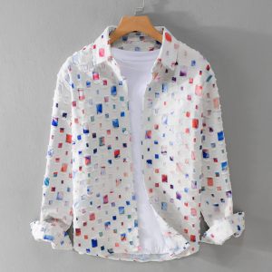 MRMING design sense plaid ripped print stitching long sleeve shirt cutout trend cotton shirt jacket men's trend