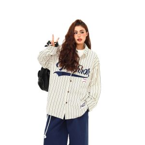 American retro niche vertical stripe long-sleeved shirt men's and women's autumn new loose and versatile pair shirt outside