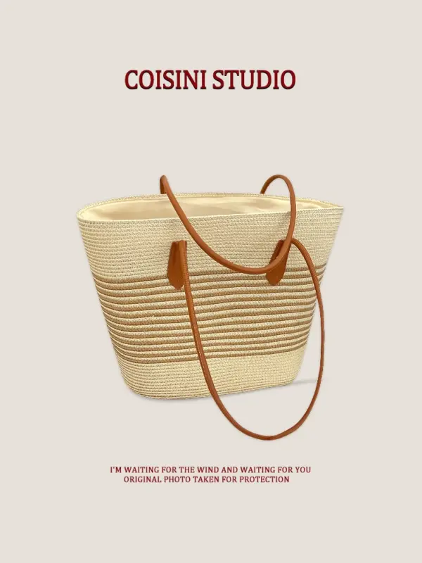Hand-woven bag, large capacity straw handbag, women's sunshade straw hat, casual fashion and versatile shoulder bag - Image 2