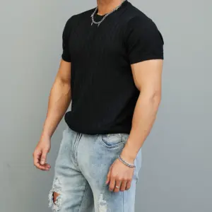 American tough guy ice silk knit sweater muscular man tight stretch short sleeve fitness trainer casual t-shirt skin-friendly and breathable