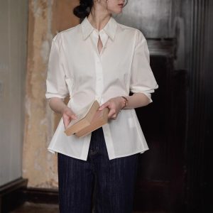 60 counts organic cotton waist two wear three-open body three-dimensional cut office siren style shirt top woman