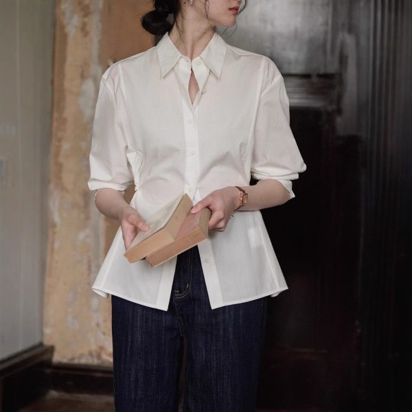60 counts organic cotton waist two wear three-open body three-dimensional cut office siren style shirt top woman