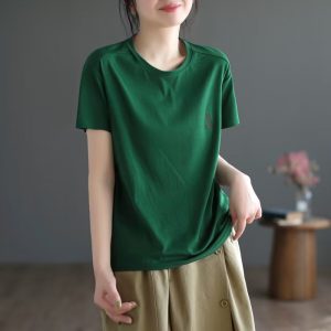 Casual literary solid color embroidery little rabbit short-sleeved top women's versatile T-shirt spring and summer plus-size women's base shirt