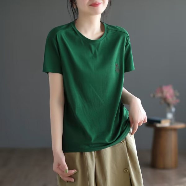 Casual literary solid color embroidery little rabbit short-sleeved top women's versatile T-shirt spring and summer plus-size women's base shirt - Image 3