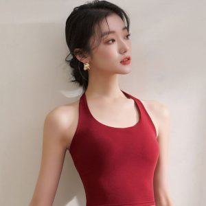 Halterneck camisoles, women's belts, chest pads, short summer wear, retro Hong Kong-style beautiful back underwear, red base top