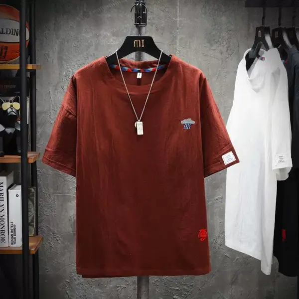 Embroidered cotton and linen short sleeve t-shirt Chinese style men's summer thin loose large size clothes cotton linen half sleeve shirt - Image 4