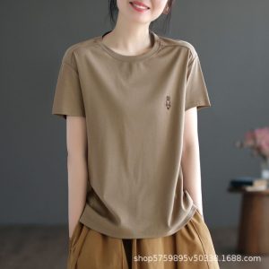 Casual literary solid color embroidery little rabbit short-sleeved top women's versatile T-shirt spring and summer plus-size women's base shirt