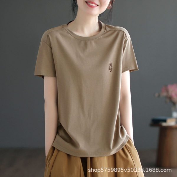 Casual literary solid color embroidery little rabbit short-sleeved top women's versatile T-shirt spring and summer plus-size women's base shirt