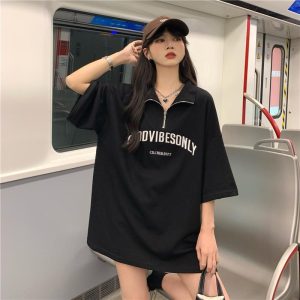 Foreign trade cross-border short-sleeved T-shirt women's 2025 new summer dress half-zipper polo collar mid-length loose plus size women's clothing