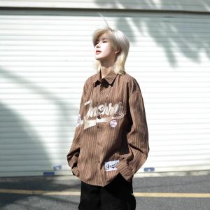 American retro niche vertical stripe long-sleeved shirt men's and women's autumn new loose and versatile pair shirt outside