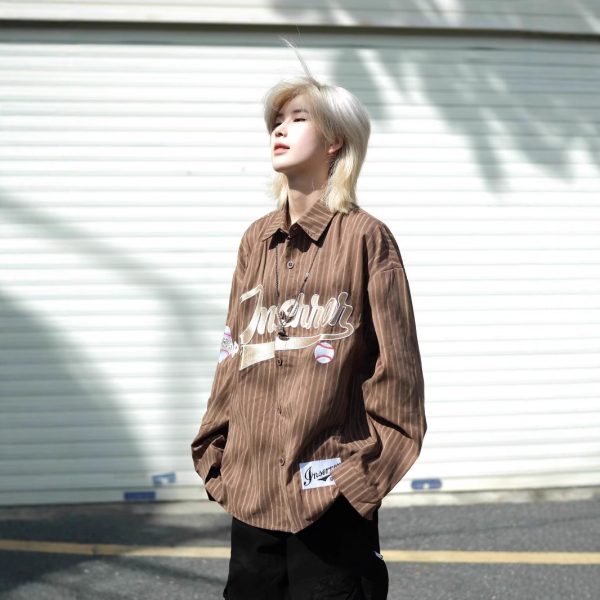 American retro niche vertical stripe long-sleeved shirt men's and women's autumn new loose and versatile pair shirt outside - Image 4
