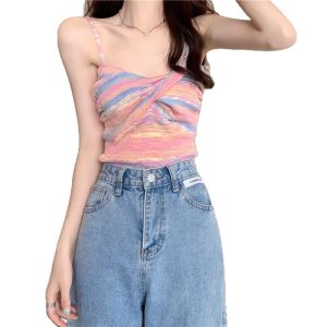Rainbow solid color knitted small camisole women's clothing summer wear outside with hot girl short bandeau top pure desire