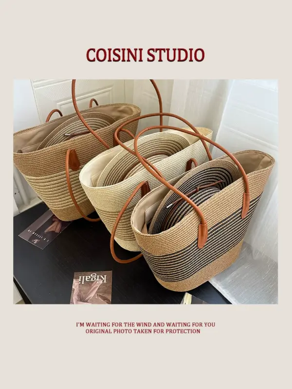 Hand-woven bag, large capacity straw handbag, women's sunshade straw hat, casual fashion and versatile shoulder bag - Image 5