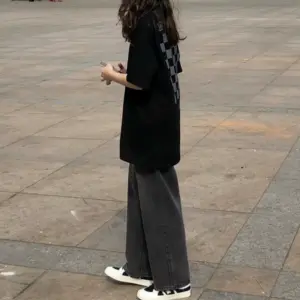 Straight leg jeans women's summer loose and versatile spring and summer small junior high school students elastic waist wide-leg pants women