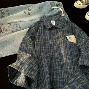 Plaid short-sleeved shirt men's summer trendy brand ins Japanese retro lazy casual shirt cleanfit jacket