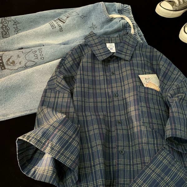 Plaid short-sleeved shirt men's summer trendy brand ins Japanese retro lazy casual shirt cleanfit jacket - Image 2