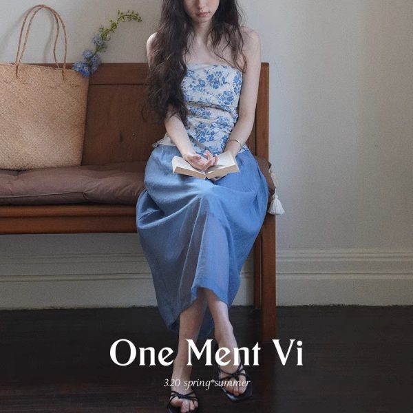 One ment VI 6-in-1 summer retro pattern resort style detachable suspender asymmetric bandeau top for women - Image 2