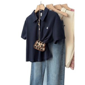 Plus size women's summer high-end polo neck, shoulder short-sleeved T-shirt, fat mm, loose and thin, foreign and versatile top