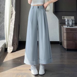 Real shot of yellow ice silk washed cotton wide-leg pants women's summer high-waisted drape straight loose cropped casual suit pants