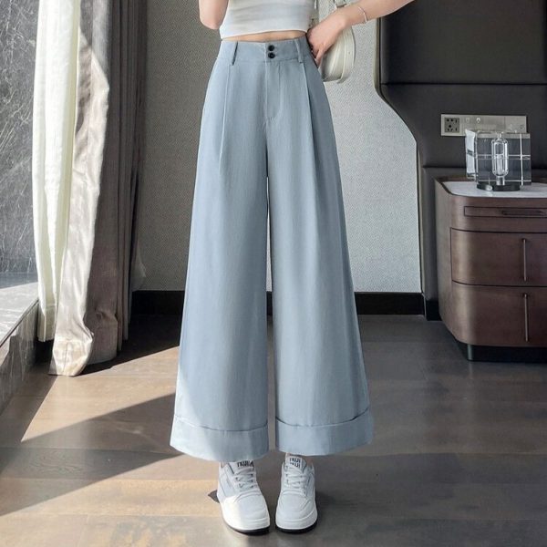 Real shot of yellow ice silk washed cotton wide-leg pants women's summer high-waisted drape straight loose cropped casual suit pants
