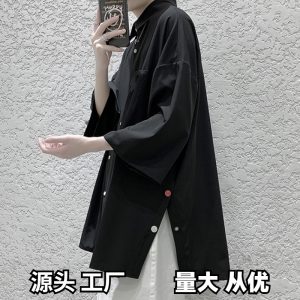 Short-sleeved shirt, men's Japanese trendy brand, loose trend, Hong Kong style, couple, five-quarter sleeve, side-breasted split shirt