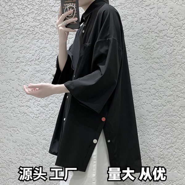 Short-sleeved shirt, men's Japanese trendy brand, loose trend, Hong Kong style, couple, five-quarter sleeve, side-breasted split shirt