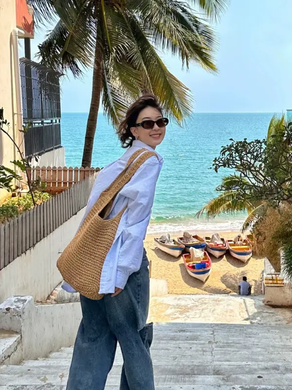 Side cm shoulder large capacity crossbody straw bag women's summer canvas bag seaside resort beach woven bag bag straw bag