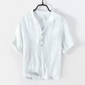 Summer linen short sleeve casual T-shirt men's stand collar pullover shirt national tide distressed retro thin breathable big V