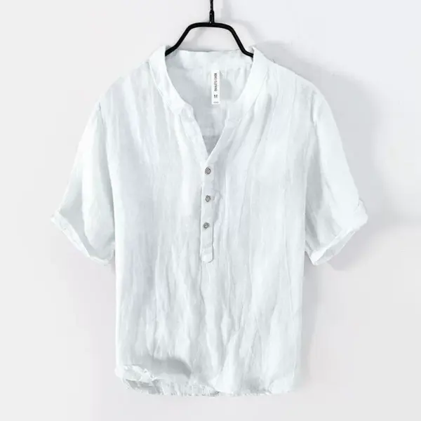 Summer linen short sleeve casual T-shirt men's stand collar pullover shirt national tide distressed retro thin breathable big V - Image 3