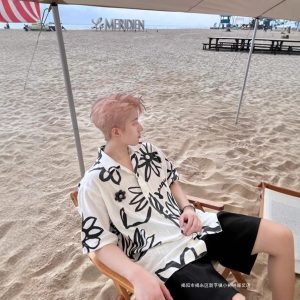Seaside vacation men's cuba collar ice silk beach flower shirt short sleeve men's summer sanya haihai wear island clothes
