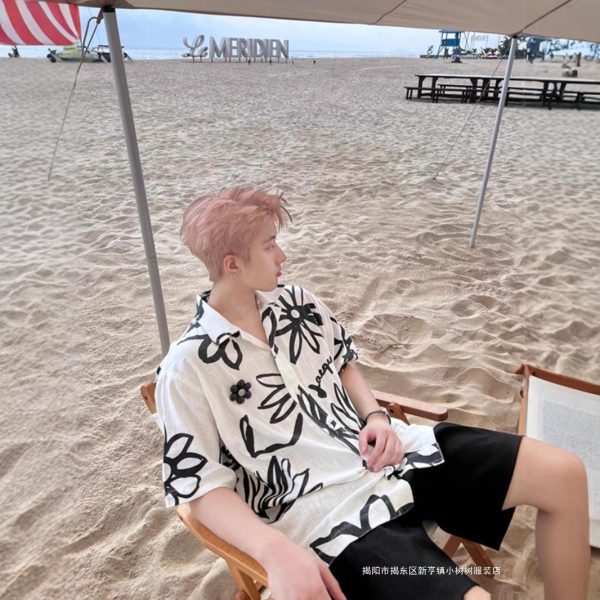 Seaside vacation men's cuba collar ice silk beach flower shirt short sleeve men's summer sanya haihai wear island clothes