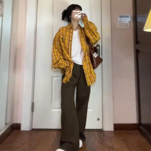 American Vintage Yellow Plaid Shirt Jacket Jacket Cruise 2024 Styles for Men and Women Exclusive Chic Top Couple Shirt - Image 2