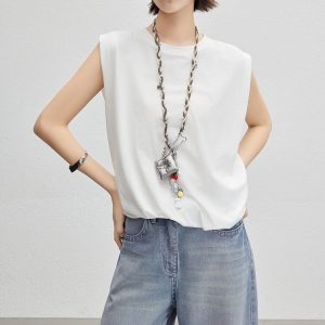 MEIYANG Wave Flower Vest Tencel Cotton _Row Style Simple Round Neck Sleeveless Flower Bud Top - Tuesday