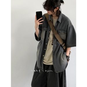 Summer Japanese wash, distressed pockets, short sleeve denim shirts, men's and women's trends, retro cargo shirts, jackets, tides