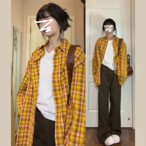 American Vintage Yellow Plaid Shirt Jacket Jacket Cruise 2024 Styles for Men and Women Exclusive Chic Top Couple Shirt