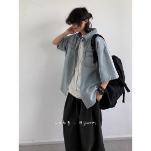 Summer Japanese wash, distressed pockets, short sleeve denim shirts, men's and women's trends, retro cargo shirts, jackets, tides