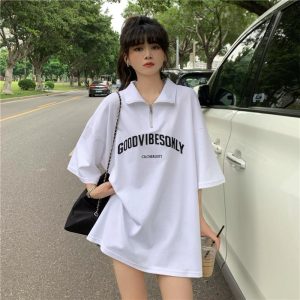 Foreign trade cross-border short-sleeved T-shirt women's 2025 new summer dress half-zipper polo collar mid-length loose plus size women's clothing