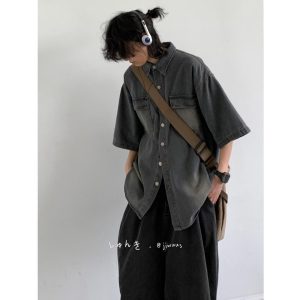 Summer Japanese wash, distressed pockets, short sleeve denim shirts, men's and women's trends, retro cargo shirts, jackets, tides