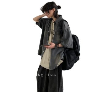 Summer Japanese wash, distressed pockets, short sleeve denim shirts, men's and women's trends, retro cargo shirts, jackets, tides