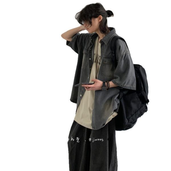 Summer Japanese wash, distressed pockets, short sleeve denim shirts, men's and women's trends, retro cargo shirts, jackets, tides - Image 5