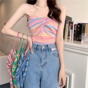 Rainbow solid color knitted small camisole women's clothing summer wear outside with hot girl short bandeau top pure desire