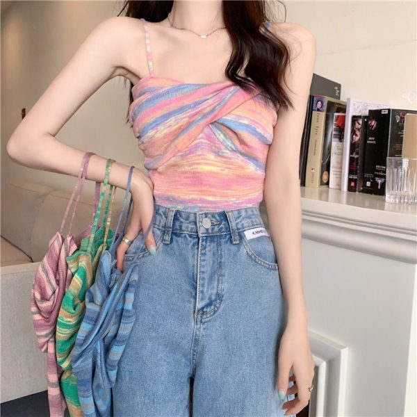 Rainbow solid color knitted small camisole women's clothing summer wear outside with hot girl short bandeau top pure desire