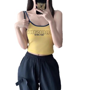 2111 Korean version of the letter print contrast camisole women's design new short slim and versatile base wear