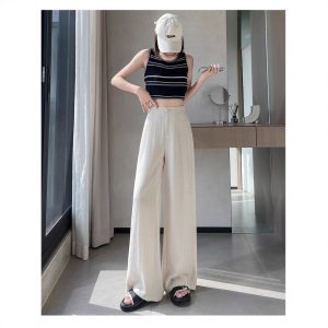 Summer new high-waisted linen ice silk wide-leg pants women's 2025 high-end loose straight-leg casual draped mop pants