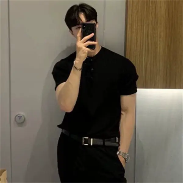 American tough guy knitted T-shirt, trendy men's wear, skin-friendly, comfortable, breathable, ice silk short-sleeved fitness trainer sports top - Image 2