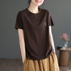 Casual literary solid color embroidery little rabbit short-sleeved top women's versatile T-shirt spring and summer plus-size women's base shirt