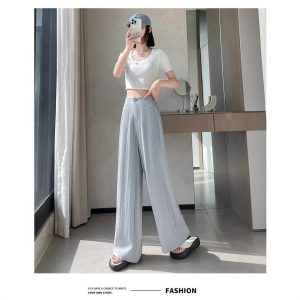 Summer new high-waisted linen ice silk wide-leg pants women's 2025 high-end loose straight-leg casual draped mop pants